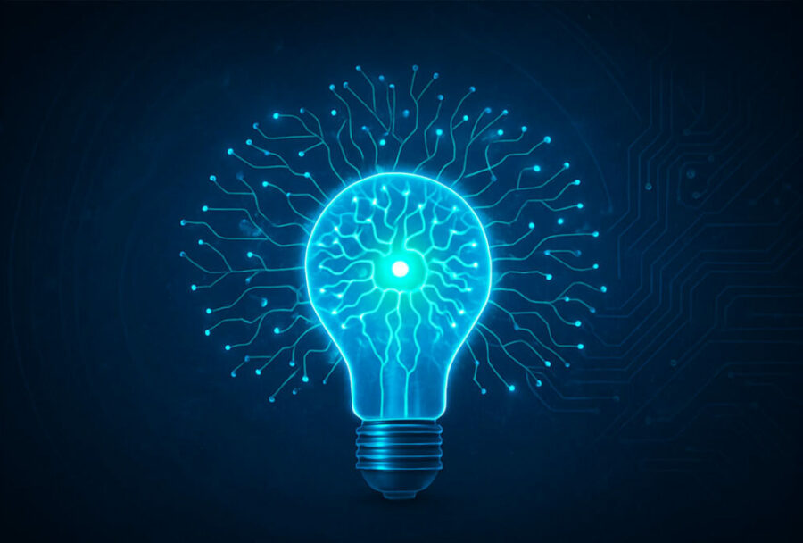 Glödande glödlampa som symboliserar AI och innovation – Luminary-VD i fokus
